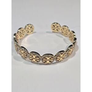 Tory Burch Miller Gold Pave Cuff Bracelet Double TB Logo - Adjustable